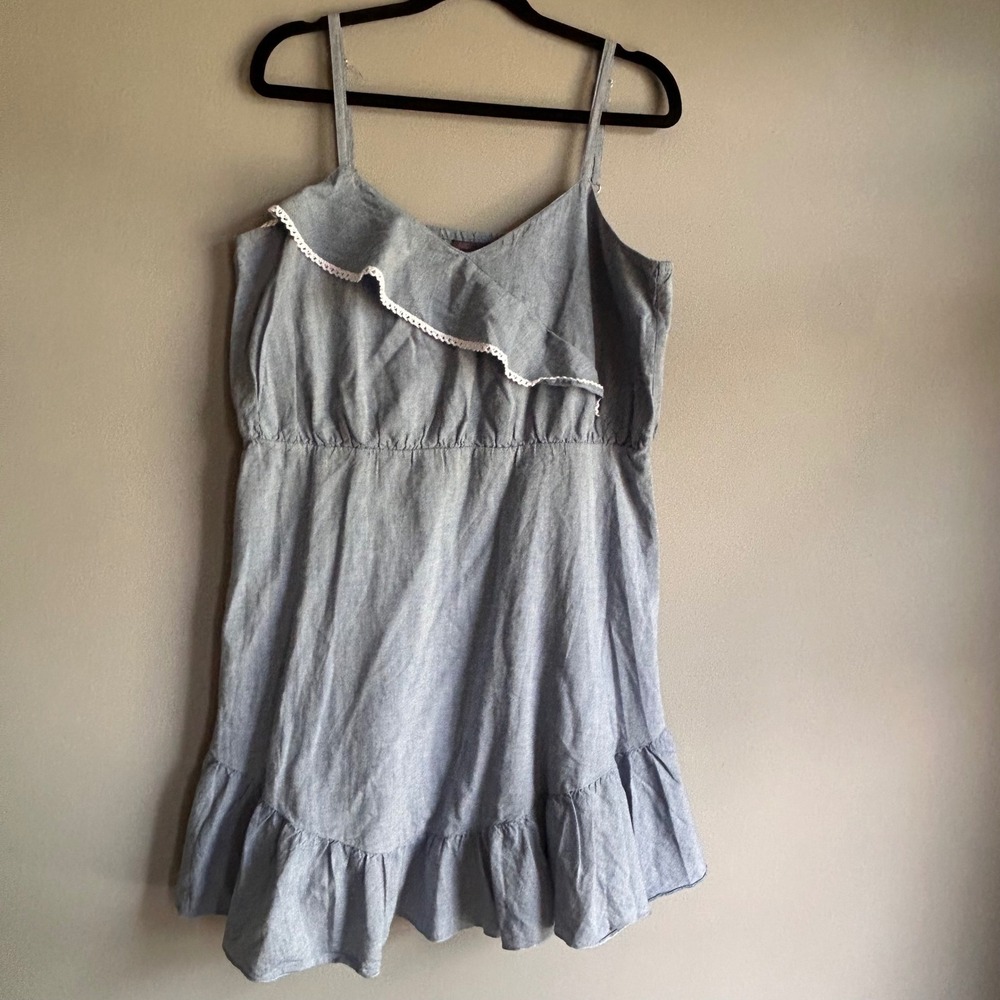 Fire Los Angeles Blue Cotton Chambray Ruffle Lace Trim Mini Dress Medium
